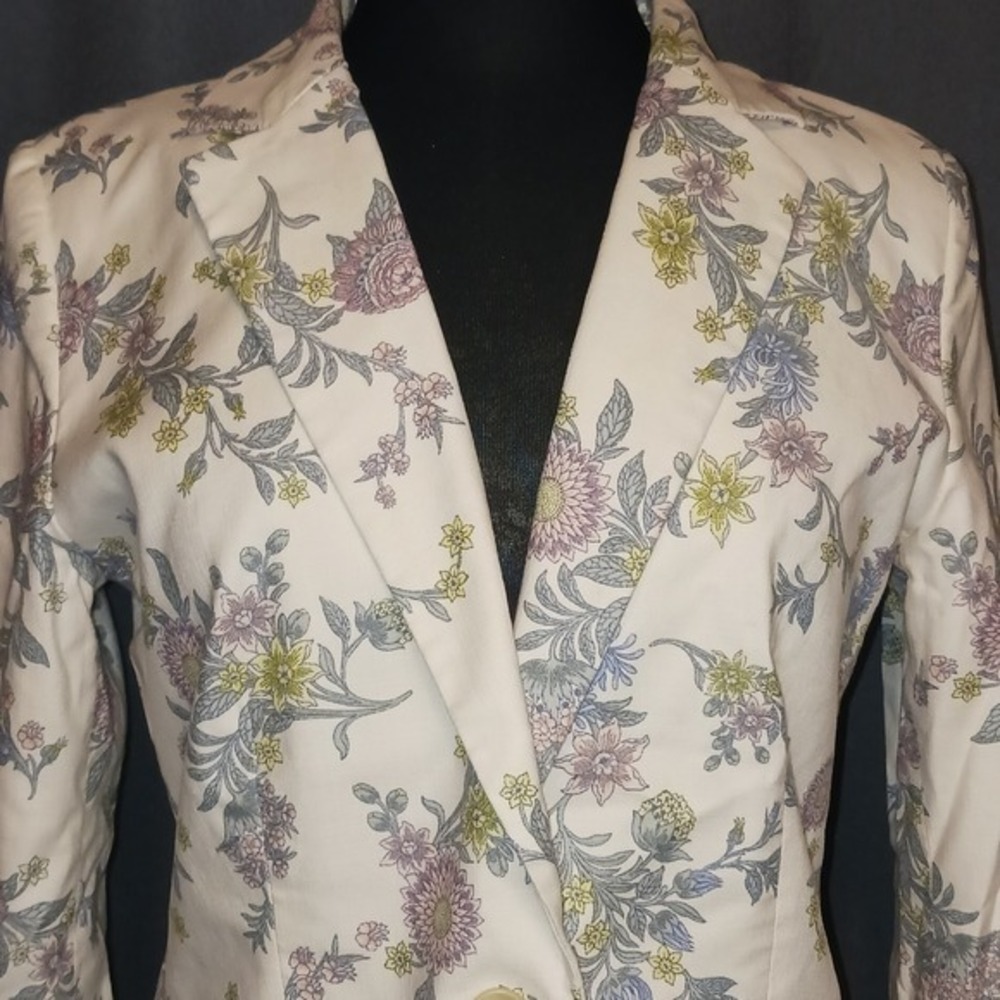 LOFT NWOT‎ Floral Print Blazer lined Jacket  White Pink Blue Yellow Button 8